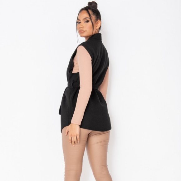 Black Wool Sleeveless Belted Vest Blazer Jacket - Picture 12 of 13